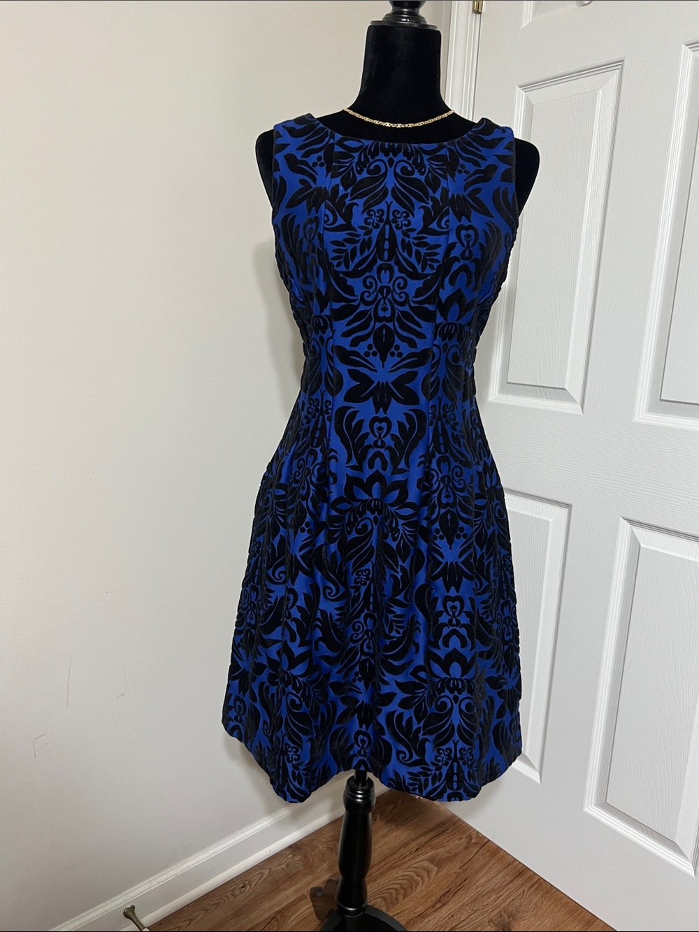 Gabby Skye Blue and Black Flocked Fit-and-Flare Dress